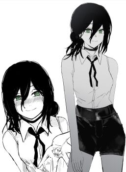 1girl absurdres black_choker black_ribbon black_skirt chainsaw_man choker closed_mouth collared_shirt commentary_request green_eyes grenade_pin hair_between_eyes hair_bun highres long_hair long_hair_between_eyes neck_ribbon pull_cord reze_(chainsaw_man) ribbon shirt shirt_tucked_in single_hair_bun skirt sleeveless sleeveless_shirt smile user_jzzz4874 white_shirt wing_collar