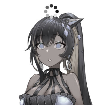 1girl black_hair blonde_hair blue_eyes blush breasts collared_dress colored_inner_hair dark-skinned_female dark_skin deep_skin dress earrings goddess_of_victory:_nikke hair_ribbon high_ponytail jewelry large_breasts loading_icon looking_at_viewer multicolored_hair noise_(nikke) official_alternate_costume parted_lips ponytail ribbon simple_background solo surprised teardrop_earrings tenbin_gashira upper_body white_background white_dress