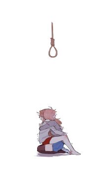 2girls barefoot blue_skirt brown_hair commentary doki_doki_literature_club grey_jacket highres hug jacket monika_(doki_doki_literature_club) multiple_girls noose open_mouth pockiseisont red_shorts sayori_(doki_doki_literature_club) shorts sitting sitting_on_lap sitting_on_person skirt trembling white_background