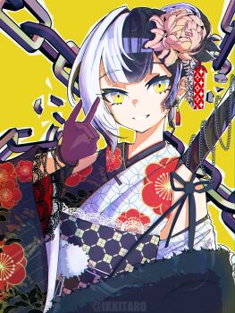 Rule 34 | 1girl, absurdres, black hair, black kimono, chain, floral print, floral print kimono, flower, fox shadow puppet, gloves, grin, hair bun, hair flower, hair ornament, highres, hololive, hololive english, ikkitaro, japanese clothes, kimono, lace, lace-trimmed kimono, lace trim, looking at viewer, multicolored hair, official alternate costume, print kimono, purple gloves, shiori novella, shiori novella (new year), smile, solo, split-color hair, teeth, two-tone hair, two-tone kimono, virtual youtuber, white hair, white kimono, yellow background, yellow eyes
