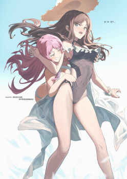 2girls absurdres bang_dream! bang_dream!_it's_mygo!!!!! bare_arms bare_legs bare_shoulders barefoot behind_another black_one-piece_swimsuit blue_background blue_eyes blush breasts brown_hair chihaya_anon chinese_text cleavage clothing_cutout floating_hair floating_hat frilled_one-piece_swimsuit frills grabbing_another's_breast gradient_background grey_eyes grin groping half-closed_eyes hand_under_clothes hand_under_swimsuit hand_up hashtag-only_commentary hat highres hip_vent jumping long_hair looking_at_another looking_to_the_side medium_breasts multiple_girls nagasaki_soyo o-ring o-ring_swimsuit off-shoulder_one-piece_swimsuit off_shoulder one-piece_swimsuit open_mouth pink_hair sarong scrunchie smile splashing straw_hat sun_hat swimsuit teeth translation_request v-shaped_eyebrows water white_sarong white_scrunchie white_swimsuit wrist_scrunchie wu_lun_wujin yuri