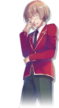 1boy adjusting_eyewear advanced_nurturing_high_school_uniform black_necktie blazer brown_hair collared_shirt glasses green_pants grin highres jacket kaneda_satoru long_sleeves looking_at_viewer male_focus necktie official_art pants red_jacket school_uniform shirt simple_background smile solo tomose_shunsaku transparent_background white_shirt youkoso_jitsuryoku_shijou_shugi_no_kyoushitsu_e