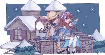 1boy 1girl arch_bishop_(ragnarok_online) armor armored_boots black_shoes blue_dress blue_eyes boots bow_hairband brown_eyes brown_hair chain chain_necklace cinlee closed_mouth commentary commission cross dress elbow_gloves english_commentary fingerless_gloves fishnet_thighhighs fishnets frilled_hairband frills full_body gloves grey_pants hair_ornament hair_over_one_eye hairband hard_hat heart heart_hair_ornament helmet jewelry juliet_sleeves long_hair long_sleeves mechanic_(ragnarok_online) navel necklace open_mouth pants pauldrons pointing pointing_up puffy_sleeves pullcart ragnarok_online railroad_tracks red_hairband rooftop sash shoes short_hair shoulder_armor shrug_(clothing) sitting sky smile star_(sky) starry_sky thighhighs tree two-tone_dress vambraces white_dress white_sash white_thighhighs