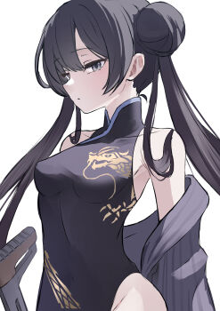 1girl absurdres bare_shoulders black_dress black_hair blue_archive blush breasts butterfly_hair_ornament china_dress chinese_clothes coat commentary_request double_bun dragon_print dress grey_coat grey_eyes gun hair_bun hair_ornament halo highres kisaki_(blue_archive) long_hair long_sleeves looking_at_viewer off_shoulder pinstripe_pattern side_slit small_breasts solo twintails weapon yugusan5