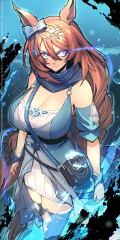 Rule 34 | 1girl, absurdres, animal ears, between breasts, blanace, blue aura, blue bag, blue boots, blue dress, blue eyes, blue scarf, boots, bow, braid, braided ponytail, breasts, brown hair, cleavage, closed mouth, commentary request, dress, ear bow, eye trail, hair between eyes, highres, horse ears, horse girl, horse tail, large breasts, light trail, long hair, looking at viewer, multicolored hair, scarf, solo, strap between breasts, streaked hair, super creek (murmuring stream) (umamusume), super creek (umamusume), tail, thigh boots, umamusume, umamusume: cinderella gray, very long hair, white hair