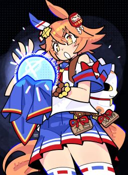 +_+ 1girl absurdres animal_ears bourbunbun clover_hair_ornament daruma_doll ear_covers flipped_hair hair_between_eyes hair_ornament highres horse_ears horse_girl horse_tail matikanefukukitaru_(rising_fortune)_(umamusume) matikanefukukitaru_(umamusume) open_mouth orange_hair school_uniform shirt short_hair single_ear_cover skirt tail umamusume