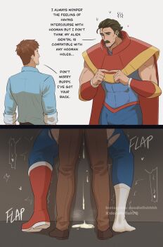 2boys abs anal barefoot blue_bodysuit blue_shirt bodysuit boots brown_hair brown_pants bulge cape clothed_sex collared_shirt commentary cum cum_on_floor cum_overflow dispatch doodlefish english_commentary english_text hair_slicked_back heart highres male_focus male_penetrated multiple_boys muscular muscular_male muscular_uke nervous_sweating pants phenomaman_(dispatch) red_boots red_cape robert_robertson sex shirt shoes short_hair single_shoe speech_bubble standing standing_sex superhero_costume sweat torn_clothes trembling yaoi