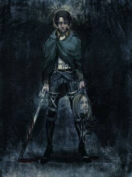 1boy absurdres angry arms_at_sides bags_under_eyes belt black_hair black_pants blonde_hair blood blood_on_face blood_on_ground blood_on_hands bloody_weapon boots cape cloak closed_mouth frown full_body green_cloak harness highres holding holding_detached_head holding_weapon legs_apart levi_(shingeki_no_kyojin) looking_at_viewer male_focus pants paradis_military_uniform parted_bangs seapall severed_head shingeki_no_kyojin shirt short_hair solo sword three-dimensional_maneuver_gear weapon white_shirt