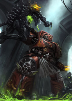 adeptus_astartes alien armor blood blood_angels book claws crossover epic genestealer gloves helmet from_below low_angle mask monster no_humans okita power_armor science_fiction skull space_hulk tyranid warhammer_40k weapon