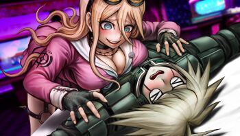 >_< 1boy 1girl ahoge android armor barbed_wire blonde_hair blue_eyes blush breast_press breasts choker cleavage commentary danganronpa_(series) danganronpa_v3:_killing_harmony embarrassed english_commentary fingerless_gloves game_cg gloves goggles goggles_on_head highres iruma_miu k1-b0 komatsuzaki_rui large_breasts long_hair looking_at_another no_dickey official_art open_mouth outstretched_arms power_armor raised_eyebrows school_uniform serafuku sexual_harassment smile spread_arms third-party_source wavy_hair white_hair