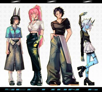 1boy 3girls absurdres animal_ear_fluff animal_ears arm_up asaba_harumasa bandaid bandaid_on_leg black_border black_hair black_necktie black_shirt black_shoes blue_horns blue_oni blue_shirt blue_skin border choker collarbone colored_skin fox_ears fox_girl from_side glasses gloves green_gloves green_pants hair_between_horns hand_in_pocket high-waist_skirt highres horns hoshimi_miyabi leg_warmers long_hair looking_at_viewer looking_to_the_side looking_up mrskjn multicolored_horns multiple_girls navel necktie oni pants pink_eyes pink_hair ponytail red_eyes shirt shoes short_hair skin-covered_horns skirt sleeves_rolled_up soukaku_(zenless_zone_zero) stomach thigh_strap tsukishiro_yanagi turtleneck two-tone_horns white_background white_hair white_leg_warmers white_skirt yellow_eyes zenless_zone_zero zipper_skirt