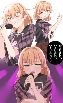 1girl 5th_live_tour_~4pair_power_spread!!!!~ :d ;d absurdres aqua_eyes black_shirt brown_skirt commentary_request grin hair_ornament half-closed_eyes hasu_no_sora_school_uniform heart highres hinoshita_kaho holding holding_microphone lamchan link!_like!_love_live! looking_at_viewer love_live! medium_hair microphone multiple_views new_black_(love_live!) nirei_nozomi one_eye_closed open_mouth orange_hair plaid_clothes plaid_sleeves pleated_skirt purple_background rabbit_hair_ornament school_uniform shirt short_sleeves skirt smile spoken_heart two_side_up uneven_eyes virtual_youtuber voice_actor_connection