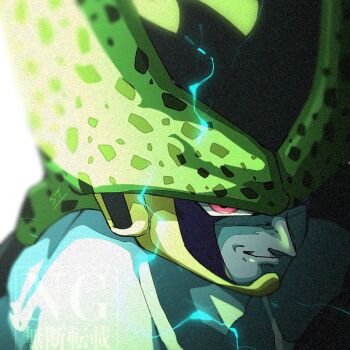 Rule 34 | 1boy, blurry, blurry background, cell (dragon ball), close-up, colored skin, dragon ball, dragonball z, electricity, grey skin, looking at viewer, purple eyes, smirk, solo, stktik09060906