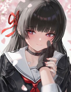1boy 1girl black_choker black_gloves black_hair black_shirt blurry blurry_background cheek_pinching cherry_blossoms chisa_(wuthering_waves) choker closed_mouth commentary_request ddcc0123 fingernails gloves hair_ribbon highres long_hair male_rover_(wuthering_waves) msby_black_jackals_jacket nail_polish neckerchief pinching portrait pov pov_hands red_nails red_neckerchief red_ribbon ribbon rover_(wuthering_waves) sailor_collar shirt smile solo_focus sweatdrop white_sailor_collar wuthering_waves