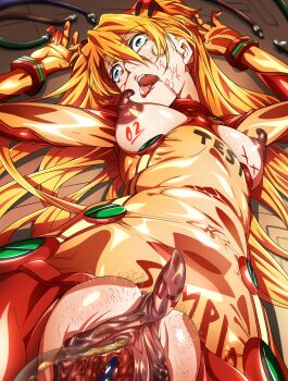 1girl body_writing bodysuit catheter cervical_insertion cervix clitoris erect_clitoris female_focus female_pubic_hair guro highres large_clitoris large_nipples long_hair low_angle lying mecha_pilot_suit moaning neon_genesis_evangelion orange_hair perspective plugsuit_(evangelion) pokonyan pubic_hair pussy red_bodysuit see-through_bodysuit see-through_clothes solo souryuu_asuka_langley spread_pussy test_plugsuit_(evangelion) torn_bodysuit torn_clothes uncensored urethral_insertion very_long_hair