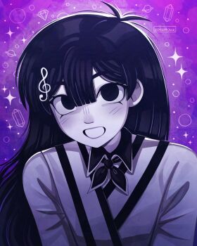 1girl alternate_costume alternate_eye_color alternate_hair_color alternate_hairstyle alternate_universe antenna_hair artist_name black_eyes black_hair center-flap_bangs colored_skin double-parted_bangs hair_between_eyes highres long_hair long_sleeves looking_at_viewer mari_(headspace)_(omori) mari_(omori) omori open_mouth smile solo treble_clef white_skin zoewillowz