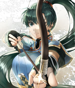 1girl abstract_background aiming aiming_at_viewer arrow_(projectile) blue_dress bow_(weapon) breasts delsaber dress earrings fingerless_gloves fire_emblem fire_emblem:_the_blazing_blade frown furrowed_brow gloves green_eyes green_hair jewelry katana long_hair looking_at_viewer lyn_(fire_emblem) nintendo ponytail shine sword weapon