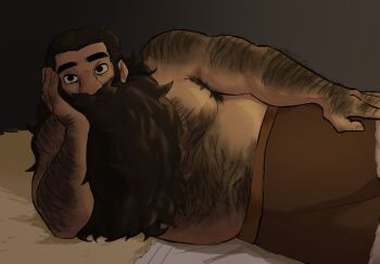 1boy armpit_hair armpit_hair_peek bara beard belly brown_hair derivative_work dungeon_meshi dwarf elbow_rest facial_hair fat fat_man hairy highres long_beard looking_at_viewer male_focus mustache satan_cxm screenshot_redraw senshi_(dungeon_meshi) solo staring thick_arm_hair thick_chest_hair thick_mustache thick_navel_hair topless_male very_hairy very_long_beard