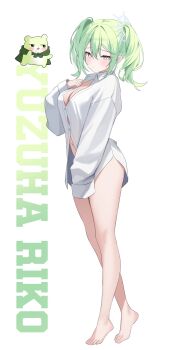 1girl absurdres bare_legs barefoot breasts button_gap buttons character_name chico_(yuzuha_riko) cleavage closed_mouth collared_shirt commentary_request convenient_hand dress_shirt feet frown full_body green_hair hair_ornament hand_up highres korean_commentary long_hair long_sleeves looking_at_viewer medium_breasts multicolored_hair naked_shirt nannung navel purple_eyes shirt sidelocks simple_background solo standing stellive streaked_hair thighs toes twintails virtual_youtuber white_background white_shirt yuzuha_riko