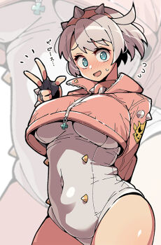 1girl :d @_@ black_gloves blue_eyes breasts choppy_bangs commentary_request covered_navel cowboy_shot cropped_jacket elphelt_valentine fingerless_gloves gloves grey_hair grey_leotard guilty_gear guilty_gear_strive hairband hand_up highres itsuka_neru jacket large_breasts leotard looking_at_viewer open_clothes open_jacket open_mouth pink_hairband pink_jacket raised_inner_eyebrows short_hair smile spiked_hairband spikes w white_background zoom_layer