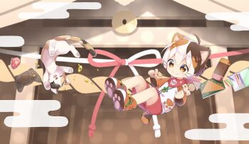 Rule 34 | 1boy, animal ears, blush, brown hair, cat, cat boy, cat ears, cat tail, controller, full body, game controller, handheld game console, highres, indie virtual youtuber, long sleeves, male focus, midair, multicolored hair, nintendo, nintendo switch, nipeira, official art, orange hair, original, paw shoes, scarf, shorts, sketchbook, tail, tatamaru (vtuber), virtual youtuber, white hair