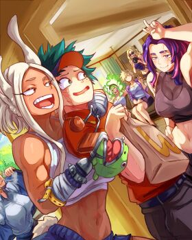 1boy 6+girls :d absurdres amputee animal_ears arm_around_shoulder arm_up armless_amputee bag bakugou_mitsuki bare_shoulders belt black_belt black_pants black_shirt blonde_hair boku_no_hero_academia breasts burnin_(boku_no_hero_academia) camera character_request cigarette cleavage closed_mouth coin_purse collarbone crop_top day fiery_hair freckles green_eyes green_hair half-closed_eyes hand_on_own_hip hand_up highres holding holding_camera indoors jacket lady_nagant large_breasts long_eyelashes long_hair mature_female midoriya_izuku mirko mount_lady multicolored_hair multiple_girls navel open_mouth pants paper_bag pink_hair prosthesis prosthetic_hand purple_eyes purple_hair purple_jacket rabbit_ears rabbit_tail red_shirt ryuukyuu sanpaku scar scar_on_face shirt short_hair short_hair_with_long_locks sitting smile smoking spoilers standing sunglasses tail teeth two-tone_hair upper_teeth_only v visor_cap vlizz white_hair white_shirt