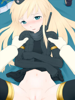 10s 1boy 1girl admiral_(kancolle) blonde_hair blue_eyes blush clitoris garrison_cap hat held_down ink kantai_collection kurokaji loli looking_at_viewer map military military_uniform navel pussy restrained u-511_(kancolle) undressing