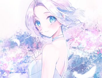 1girl back bare_shoulders blue_eyes blush braid closed_mouth commentary forehead from_side gakuen_idolmaster grey_hair half_up_braid idolmaster katsuragi_lilja looking_at_viewer looking_to_the_side maru51 short_hair smile solo sparkle