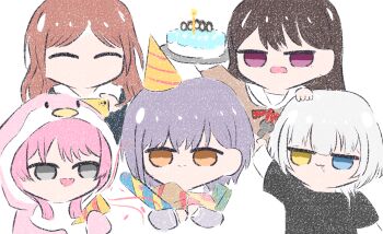 5girls absurdres bang_dream! bang_dream!_it&#039;s_mygo!!!!! birthday_cake black_hair black_shirt blue_eyes brown_eyes brown_hair cake chibi chihaya_anon commentary_request drooling fang food grey_eyes grey_hair hanasakigawa_school_uniform haneoka_school_uniform hat heterochromia highres hood hood_up jo8blhrvkta6duw kaname_raana long_hair multiple_girls mygo!!!!!_(bang_dream!) nagasaki_soyo party_hat party_popper pink_hair purple_eyes school_uniform shiina_taki shirt simple_background skin_fang takamatsu_tomori white_background white_hair yellow_eyes