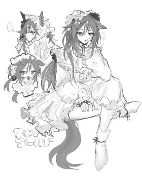 1girl :d alternate_costume animal_ears bonnet bow bow_legwear chibi chibi_inset collared_dress crossed_legs dress dress_bow ear_covers frilled_bonnet frilled_dress frilled_headwear frilled_shirt_collar frilled_sleeves frills full_body greyscale hair_between_eyes hand_on_own_face hat highres horse_ears horse_girl horse_tail lolita_fashion long_hair long_sidelocks long_sleeves looking_at_viewer messy_hair monochrome multicolored_hair multiple_girls multiple_views na_8 open_mouth puffy_sleeves sidelocks sitting smile socks solo stay_gold_(umamusume) streaked_hair tail tongue tongue_out umamusume white_background white_bonnet white_socks