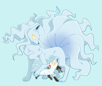 :d alolan_form alolan_ninetales alolan_vulpix animal_focus animalization bang_dream! bang_dream!_it&#039;s_mygo!!!!! black_ribbon blue_theme bright_pupils chinese_commentary closed_mouth colored_extremities commentary_request commission evolutionary_line eye_contact fox full_body gen_7_pokemon highres kitsune kyuubi looking_at_another mother_and_daughter multiple_tails nintendo no_humans open_mouth pokemon pokemon_(creature) pokemon_focus ribbon second-party_source size_difference smile tail togawa_mizuho togawa_sakiko turning_head white_pupils yellow_eyes yukikuma_(yukikuma_018)