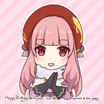 Rule 34 | 1girl, black gloves, blush, commentary request, dated, diagonal-striped background, gloves, happy birthday, hat, long hair, looking at viewer, open mouth, pink background, pink hair, ragnarok masters, ragnarok online, red hat, sakuraji tomoka, smile, solo, striped background, upper body
