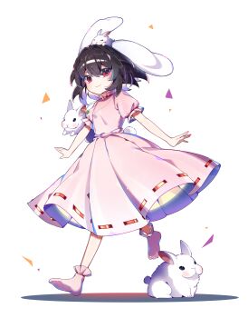1girl absurdres animal animal_ears black_hair closed_mouth full_body highres inaba_tewi medium_hair pink_shirt pink_skirt pink_socks puffy_short_sleeves puffy_sleeves rabbit rabbit_ears rabbit_girl rabbit_tail red_eyes shirt short_sleeves sia_6767 simple_background skirt smile socks solo tail touhou walking white_background