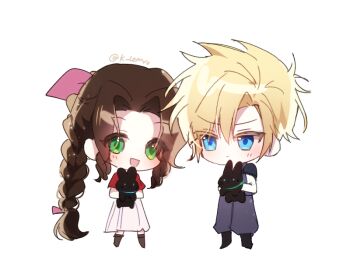 1boy 1girl aerith_gainsborough animal armor black_boots blonde_hair blue_eyes blue_pants blue_shirt boots braid braided_ponytail brown_boots brown_hair chibi chibi_only cloud_strife dress final_fantasy final_fantasy_vii final_fantasy_vii_remake furrowed_brow green_eyes hair_between_eyes hair_ribbon holding holding_animal holding_rabbit jacket light_blush long_dress long_hair neveromance open_mouth pants parted_bangs pauldrons pink_dress pink_ribbon rabbit red_jacket ribbon shirt short_hair shoulder_armor sidelocks single_braid single_pauldron smile twitter_username white_background