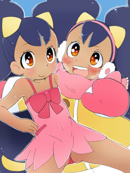 1girl blush bobo_(bobo_77s) coat dark-skinned_female dark_skin dual_persona earmuffs frilled_one-piece_swimsuit frills iris_(pokemon) loli long_hair looking_at_viewer maroon_eyes mittens navel_visible_through_clothes nintendo official_alternate_costume one-piece_swimsuit pink_one-piece_swimsuit pokemon pokemon_(anime) pokemon_bw079 pokemon_bw087 pokemon_bw_(anime) purple_hair ribbon scarf smile steam swimsuit very_long_hair wet winter_clothes winter_coat