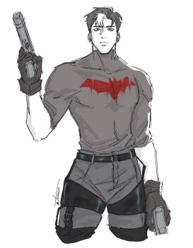 1boy absurdres bat_signal batman_(series) batman_symbol black_bodysuit black_gloves black_hair blue_eyes bodysuit dc_comics gloves grey_bodysuit highres holding jason_todd long_sleeves male_focus multicolored_bodysuit multicolored_hair muscular muscular_male pants red_hood_(dc) red_hood_and_the_outlaws short_hair superhero_costume taut_bodysuit twalxx two-tone_bodysuit