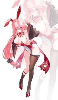 1girl absurdres animal_ears asymmetrical_legwear blush breasts brown_sleeves brown_socks brown_thighhighs closed_mouth commentary covered_navel detached_sleeves floppy_ears fox_ears fox_girl genshin_impact hair_between_eyes highres hyujjo large_breasts leotard long_hair looking_at_viewer mismatched_legwear pink_hair playboy_bunny rabbit_ears red_leotard red_shoes shoes single_sock single_thighhigh smile socks thighhighs thighs w white_background yae_miko zoom_layer