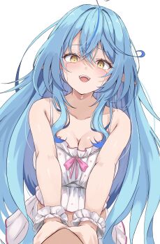 1boy 1girl absurdres ahoge asphyxiation bare_shoulders blue_hair breasts breasts_squeezed_together camisole colored_tips commentary crying crying_with_eyes_open double-parted_bangs frilled_camisole frilled_skirt frills hair_between_eyes highres hololive large_breasts long_hair long_pointy_ears multicolored_hair official_alternate_costume pointy_ears polka_dot polka_dot_camisole polka_dot_skirt skirt sleepwear spaghetti_strap strangling streaked_hair tears tonton_utaro very_long_hair virtual_youtuber white_camisole white_skirt wrist_cuffs yandere yellow_eyes yukihana_lamy yukihana_lamy_(roomwear)