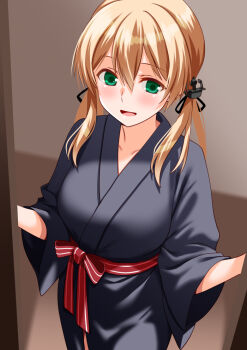 1girl black_kimono blonde_hair blush breasts cleavage commentary_request engo_(aquawatery) indoors japanese_clothes kantai_collection kimono long_hair long_sleeves looking_at_viewer low_twintails obi open_mouth prinz_eugen_(kancolle) sash smile solo twintails wide_sleeves