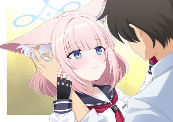 1boy 1girl animal_ear_fluff animal_ears black_gloves black_sailor_collar blue_archive blue_eyes blue_halo blush border closed_mouth collared_shirt dress_shirt eko fingerless_gloves fox_ears fox_girl gloves halo hand_on_another&#039;s_ear hand_up hetero long_sleeves looking_at_another medium_hair neckerchief niko_(blue_archive) pink_hair portrait red_neckerchief sailor_collar school_uniform sensei_(blue_archive) serafuku shirt short_hair smile solo_focus white_border white_shirt yellow_background