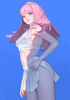 Rule 34 | 1girl, absurdres, bikini, blue background, blurry, breasts, commentary, cowboy shot, depth of field, english commentary, from side, green eyes, grin, hand on own hip, highres, long hair, looking at viewer, looking to the side, medium breasts, nail polish, nervous smile, ori dal, original, pink hair, side slit, simple background, skirt, smile, solo, swimsuit, teeth, white bikini, white nails