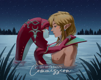 1boy 1girl arms_around_neck artist_name blonde_hair blush bracelet breasts collar colored_skin commentary commission earrings english_commentary eyeshadow fins fish_girl gem gills hands_on_another&#039;s_back hetero highres imminent_kiss interspecies jewelry lilimoon_draws link makeup mipha monster_girl night night_sky nintendo nude outdoors partially_submerged pointy_ears ponytail red_eyeshadow red_skin sidelocks sky small_breasts the_legend_of_zelda the_legend_of_zelda:_breath_of_the_wild water yellow_eyes zora