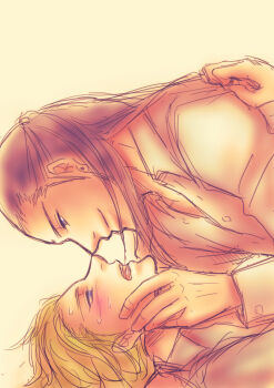 2boys artist_request bindi blonde_hair blue_eyes blush collar earrings face-to-face final_fantasy final_fantasy_vii final_fantasy_vii_remake hand_on_another's_back hand_on_another's_cheek hand_on_another's_face highres jewelry long_hair looking_at_another lying lying_on_person male_focus messy_hair multiple_boys narrowed_eyes noses_touching open_mouth rufus_shinra scratching shirt short_hair simple_background smile square_enix sweat sweatdrop tseng wing_collar yaoi