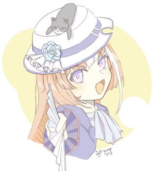 akikawa_yayoi_(umamusume) blush burbecuebuffet cat hand_fan hat multicolored_hair purple_eyes tagme umamusume