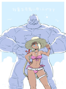 Rule 34 | 1boy, 1girl, :<, absurdres, beard, belt, bikini, braid, breasts, cammy white, cleavage, facial hair, front-tie bikini top, front-tie top, hat, highres, kangyaku, muscular, muscular male, official alternate costume, pink bikini, side-tie bikini bottom, strapless, strapless bikini, straw hat, street fighter, street fighter 6, swimsuit, tall male, tan, tanline, twin braids, white belt, zangief