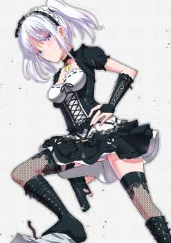 1girl absurdres belt_boots black_boots black_choker black_dress blue_eyes boots bow breasts bridal_gauntlets choker colored_eyelashes cross-laced_clothes dress dutch_angle frilled_dress frilled_sleeves frills gun hairband hand_on_own_hip handgun highres holding holding_gun holding_weapon lace lace-up_boots lace_thighhighs leg_up lolita_fashion lolita_hairband looking_at_viewer looking_down looking_to_the_side medium_breasts panties pantyshot petticoat puffy_short_sleeves puffy_sleeves rebar rubble short_sleeves solo sophia.k special_force_2 thighhighs toku_sonchou twintails underwear upskirt weapon white_background white_hair white_panties
