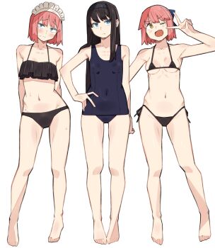 Rule 34 | 3girls, barefoot, bikini, black bikini, black hair, blue eyes, blush, breasts, character request, closed mouth, collarbone, commentary request, copyright request, covered navel, fang, frilled bikini, frills, full body, hairband, hand on own hip, highres, long hair, looking at viewer, maid headdress, micro bikini, multiple girls, navel, one-piece swimsuit, one eye closed, open mouth, pink hair, sattinittas, short hair, simple background, skin fang, small breasts, standing, stomach, string bikini, sweat, swimsuit, type-moon, white background
