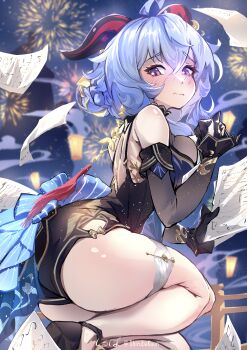 1girl absurdres agkm7288 ahoge artist_name ass back bare_shoulders black_dress black_gloves blue_dress blue_hair blush breasts detached_sleeves dress fireworks from_side ganyu_(genshin_impact) ganyu_(twilight_blossom)_(genshin_impact) genshin_impact gloves gradient_clothes gradient_dress hair_ornament highres horns long_hair medium_breasts night official_alternate_costume official_alternate_hairstyle paper purple_eyes sideless_dress sleeveless sleeveless_dress solo