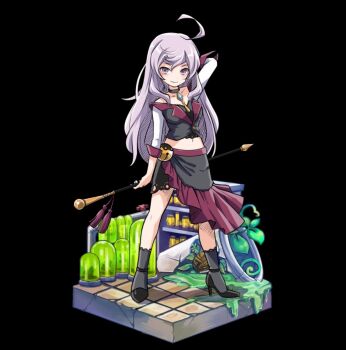 1girl ahoge arm_behind_head arm_up bare_shoulders black_background black_choker black_shoes blush breasts broken choker closed_mouth collarbone crop_top cropped_jacket full_body green_water grey_socks hair_between_eyes high_heels highres holding holding_rod holding_weapon ivy large_breasts leaf long_hair long_sleeves luminaria_(merc_storia) merc_storia merc_storia_art_team official_art purple_eyes purple_hair rod shoes simple_background skirt smile socks solo standing tachi-e tsurime weapon