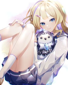 bare_legs bird blonde_hair blue_eyes crystal earrings fingernails highres jewelry om_rm1101 penguin pleated_skirt purple_hair school_uniform shadowverse shadowverse_(anime) shadowverse_flame skirt smile takanashi_tsubasa_(shadowverse_flame)